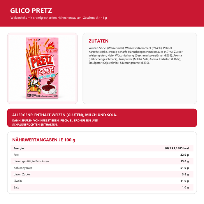 Glico PRETZ – Buldak Weizensticks mit cremig-scharfem Hähnchensaucen-Geschmack, 41 g
