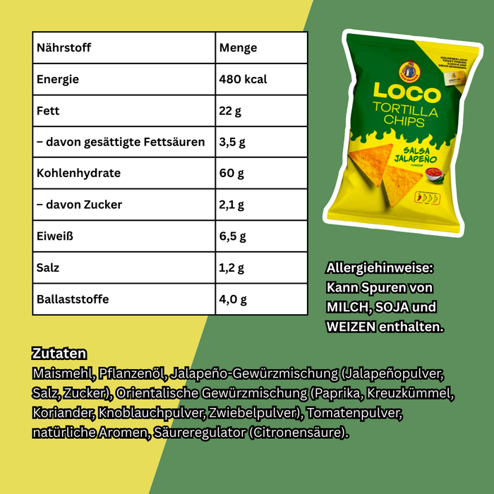 Loco Tortilla Chips – Salsa Jalapeño & Orientalische Gewürze | Extra Knuspriger Gourmet-Snack | je100g