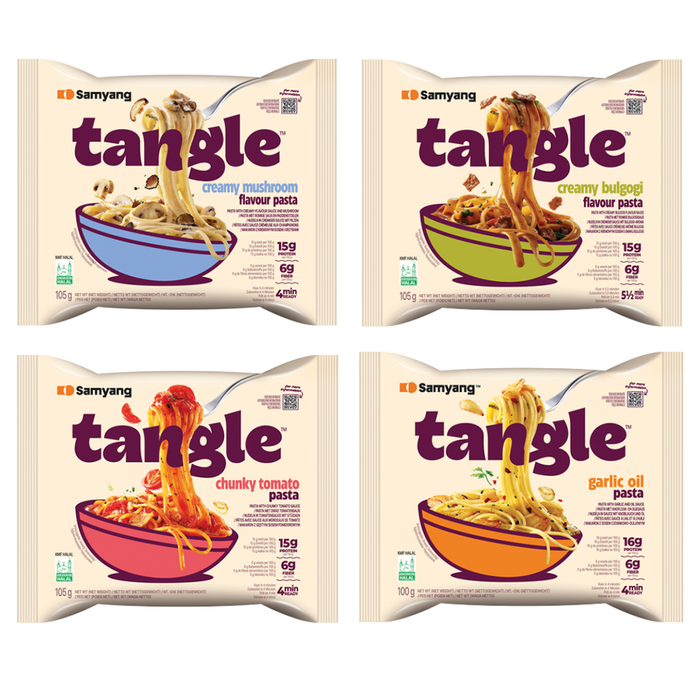 Samyang Tangle Ramen 4er Set – Bulgogi Sauce, Pilze, Tomatensauce & Knoblauchöl | Je 100 / 105 g | Halal zertifiziert | Instant-Nudeln im Vielfaltspack