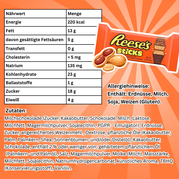 20× REESE’S Peanut Butter Candy Sticks – Waffelröllchen mit Erdnussbutter & Milchschokolade – 20×42,5 g