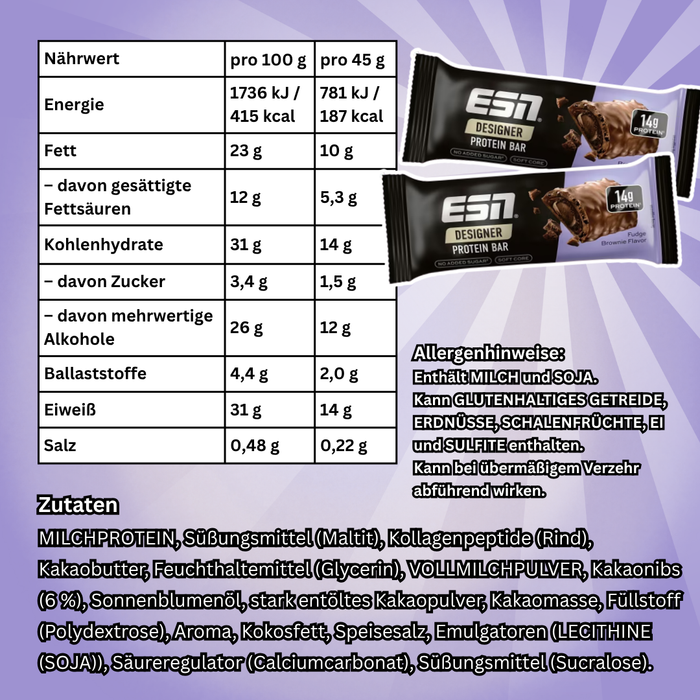 12× ESN Designer Protein Bar Fudge Brownie 45 g – Proteinriegel mit Brownie-Geschmack (540 g)