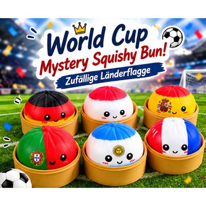 World Cup Mystery Squishy Bun 8,5 cm – Zufällige Länderflagge Blind Box – XXL Anti Stress Ball im Bambus Dampfkorb