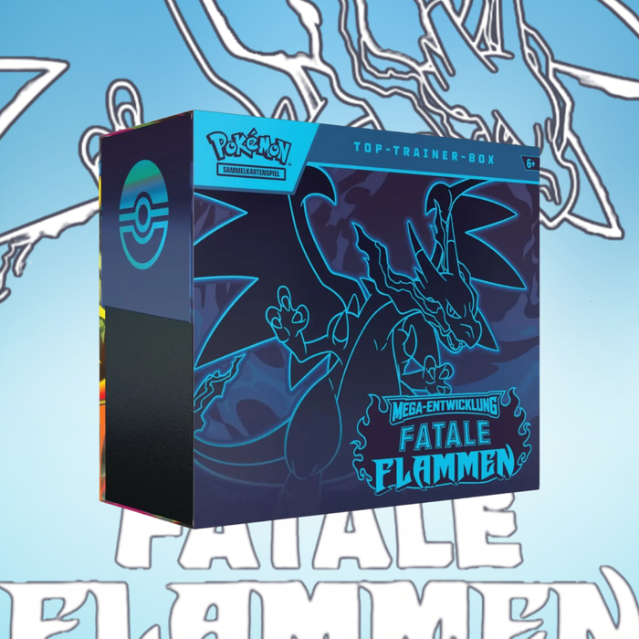 Pokémon TCG – ME02 – Mega Entwicklung: Fatale Flammen – Top-Trainer-Box (Deutsch) | 9 Boosterpacks + Zubehör | Deutsche Edition