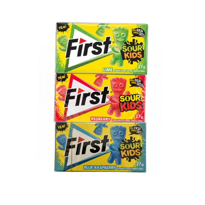 First Sour Kids Kaugummi 3er Mix Probierpaket (Redberry, Lime, Blue Raspberry) Zuckerfrei Sauer Süß (3 Stück)