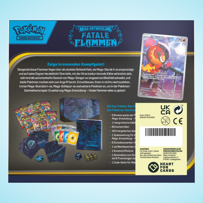 Pokémon TCG – ME02 – Mega Entwicklung: Fatale Flammen – Top-Trainer-Box (Deutsch) | 9 Boosterpacks + Zubehör | Deutsche Edition