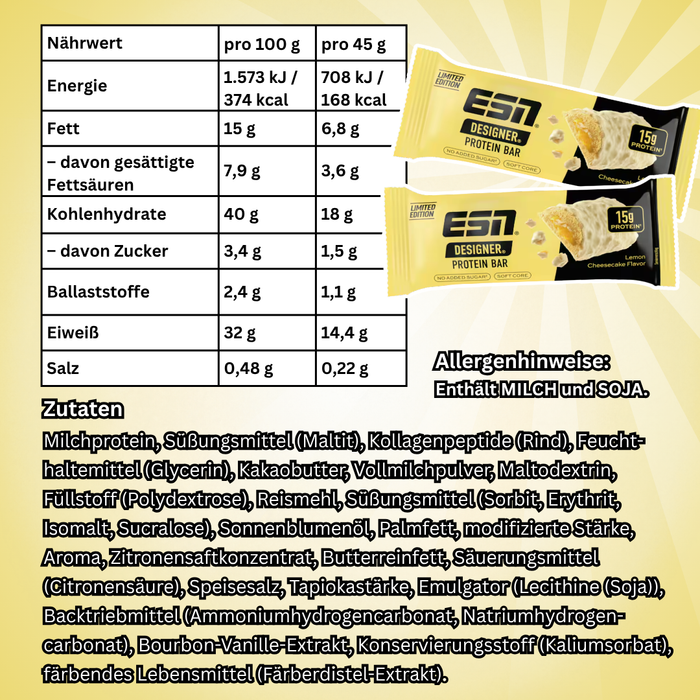 12× ESN Designer Protein Bar 45 g – Proteinriegel mit Lemon Cheese Cake-Geschmack (540g)