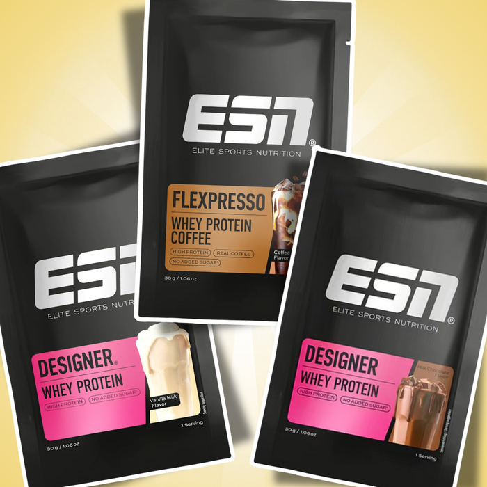 ESN Designer Whey Protein Probierpaket – Vanilla Milk 30 g + Milk Chocolate 30 g + Flexpresso Whey Protein Coffee Coffee Flavour 30 g