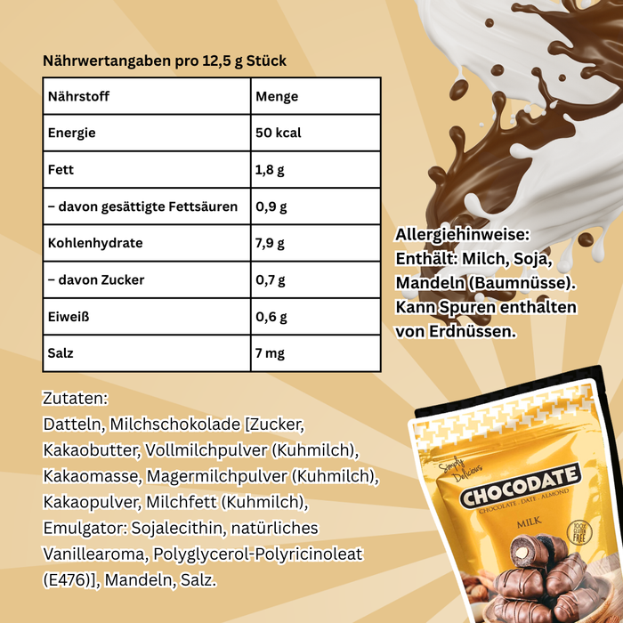 Chocodate Milk Chocolate – Datteln mit Milchschokolade & Mandeln (90 g)