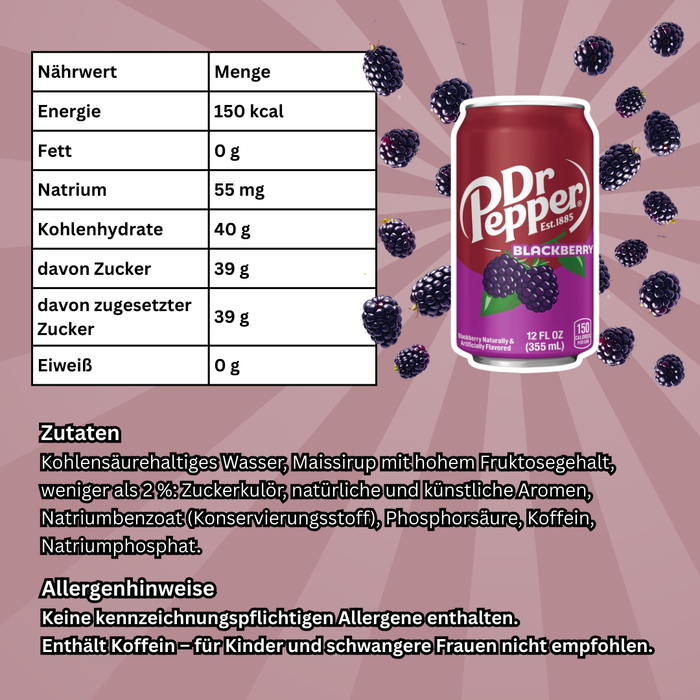 Dr Pepper Blackberry – 12er Pack | Erfrischendes Koffeinhaltiges Erfrischungsgetränk mit Brombeer-Geschmack