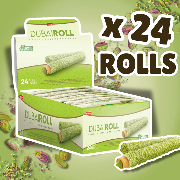 24× Elvan Dubai Roll Pistachio Flavoured Roll Wafer – Knusprige Waffelröllchen mit Pistaziengeschmack, je 18 g (432 g)