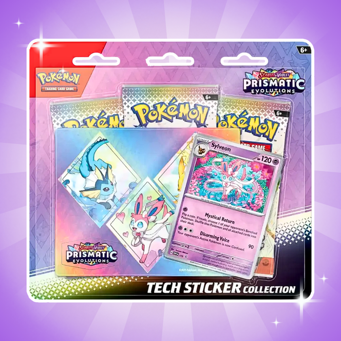 Pokémon Prismatic Evolutions Tech Sticker Collection Englisch – 3 Boosterpacks, Promo Karte & Stickerbogen, Zufällige Auswahl