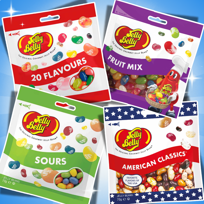 4x Jelly Belly Jelly Beans Mix 70 g – 20 Flavours, American Classics, Fruit Mix & Sours – 280 g Gesamt
