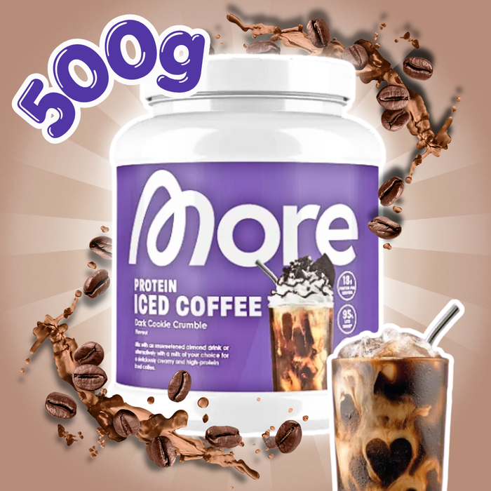 MORE Protein Iced Coffee Dark Cookie Crumble Proteinpulver mit Molkenprotein, Instant Kaffee und Keksstückchen 500 g