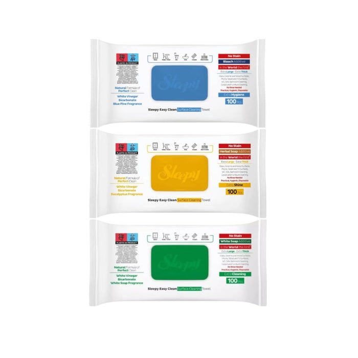 300x Sleepy Reinigungstücher mit Bleichzusatz - Extra Stark gegen Flecken - Grün, Blau und Gelb Oberflächenreinigungs-Set - perfekt für Boden, Küche, Badezimmer und schnellen Glanz auf glatten Flächen