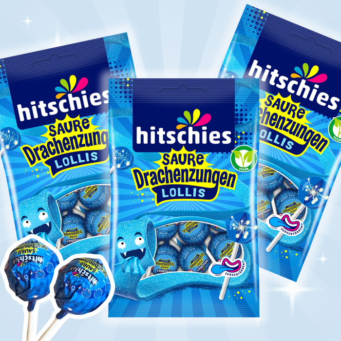 3x Hitschies Saure Drachenzungen Lollis 128g – Saure Fruchtlutscher, 3x 128g