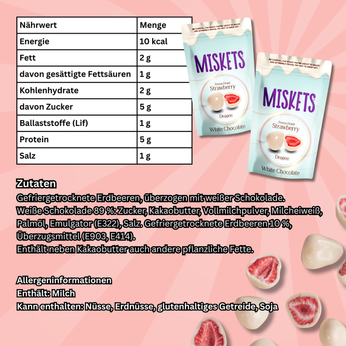 2x Miskets Gefriergetrocknete Erdbeeren in Weißer Schokolade – 2×80g | Knusprige Erdbeer-Snacks