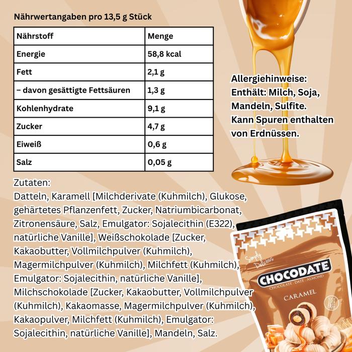 Chocodate Caramel Flavor – Datteln mit Caramel, Milch- & Weißschokolade & Mandeln (90 g)