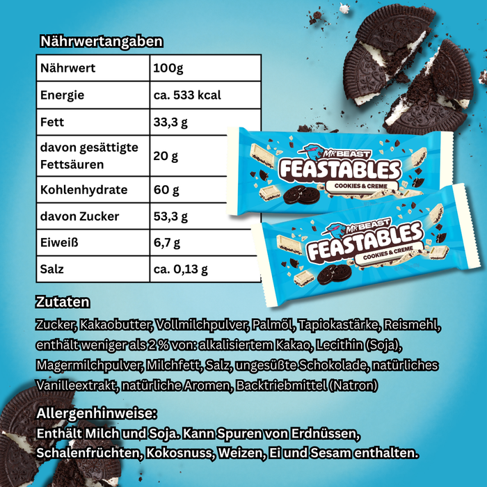Mr Beast Feastables Cookies & Cream Schokolade – 10 Riegel – 10×60 g