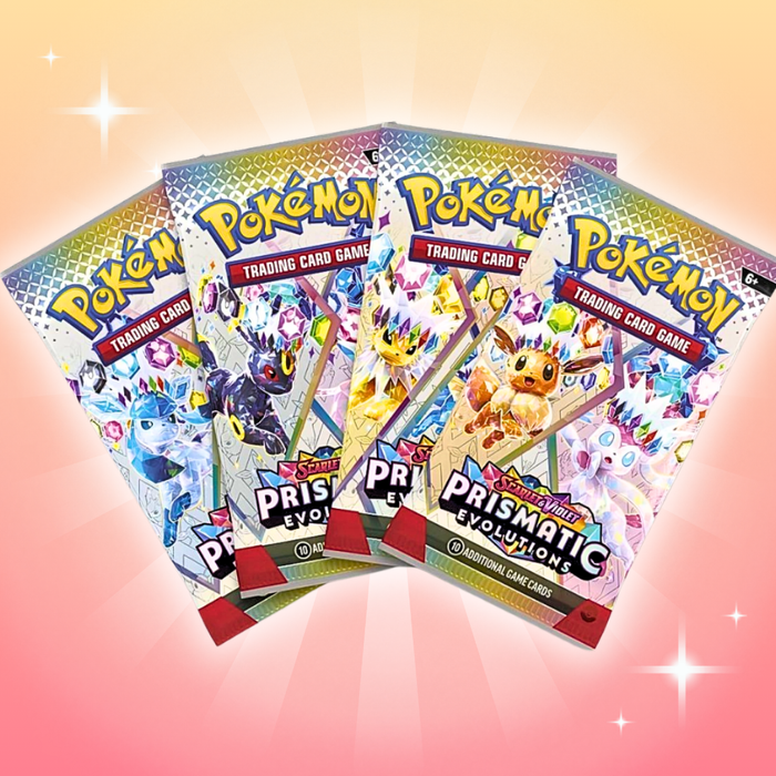 Pokémon Scarlet & Violet – Prismatic Evolutions Surprise Box Englisch, 4 Boosterpacks + Zufällige Evoli ex Promo Karte