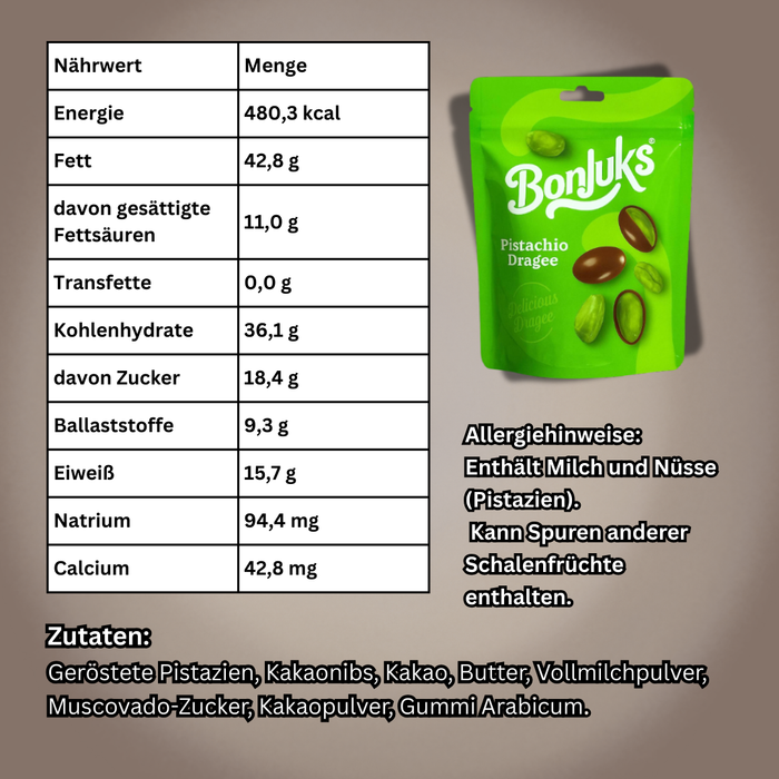 Bonjuks Pistachio Dragee – Pistazien-Dragees mit Kakao & Milchpulver, 60 g
