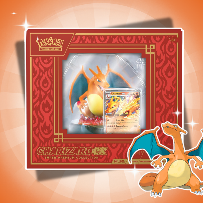Pokémon Charizard ex Super-Premium Collection Englisch – 10 Booster + 3 Foil-Karten + Figuren-Display
