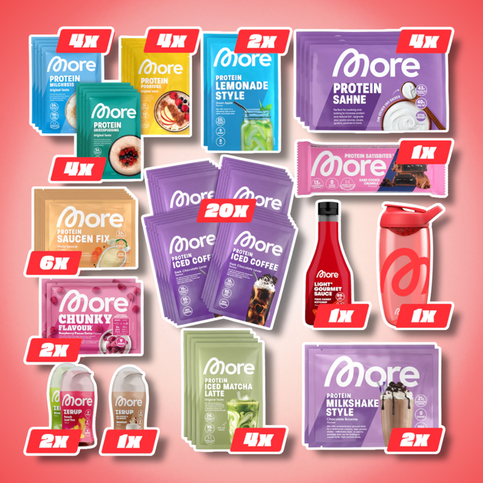 MORE MPF Box More Protein Fasten Starterbox mit 55 Proben | Protein Shakes, Mahlzeiten, Zerup, Chunky Flavour & Premium Shaker