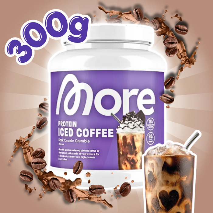 MORE Protein Iced Coffee Dark Cookie Crumble Proteinpulver mit Molkenprotein, Instant Kaffee und Keksstückchen 300 g