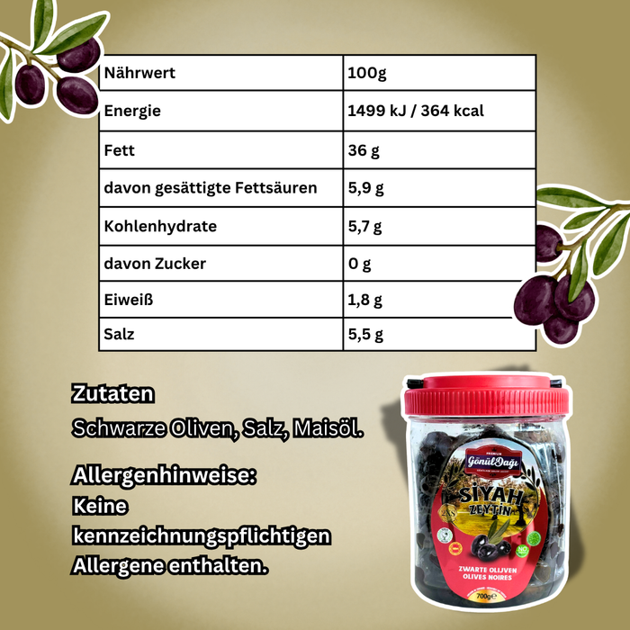 Gönül Dağı Schwarze Oliven 700 g – Eingelegte schwarze Oliven in Salzlake mit Maisöl
