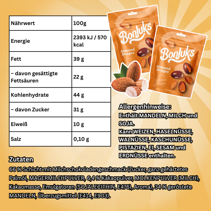 Bonjuks Mandel Dragées 60 g – Geröstete Mandeln mit Milchschokoladenüberzug