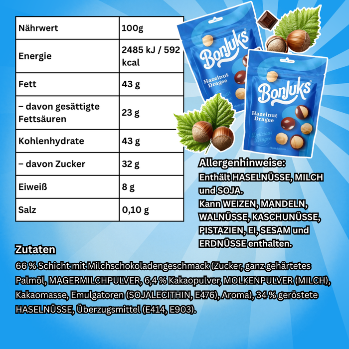 Bonjuks Haselnuss Dragées 60 g – Geröstete Haselnüsse mit Milchschokoladenüberzug