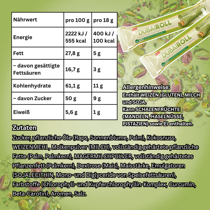 12× Elvan Dubai Roll Pistachio Flavoured Roll Wafer – Knusprige Waffelröllchen mit Pistaziengeschmack, je 18 g (216 g)