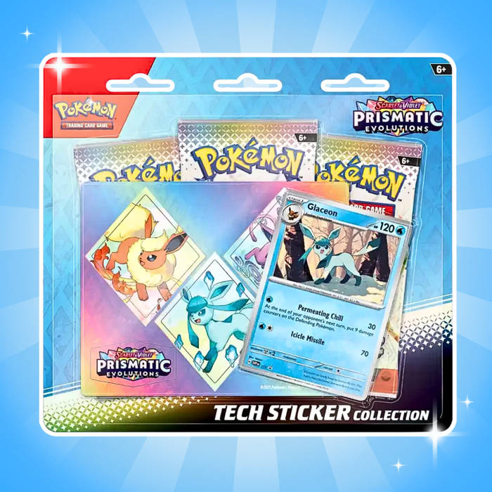 Pokémon Prismatic Evolutions Tech Sticker Collection Englisch – 3 Boosterpacks, Promo Karte & Stickerbogen, Zufällige Auswahl