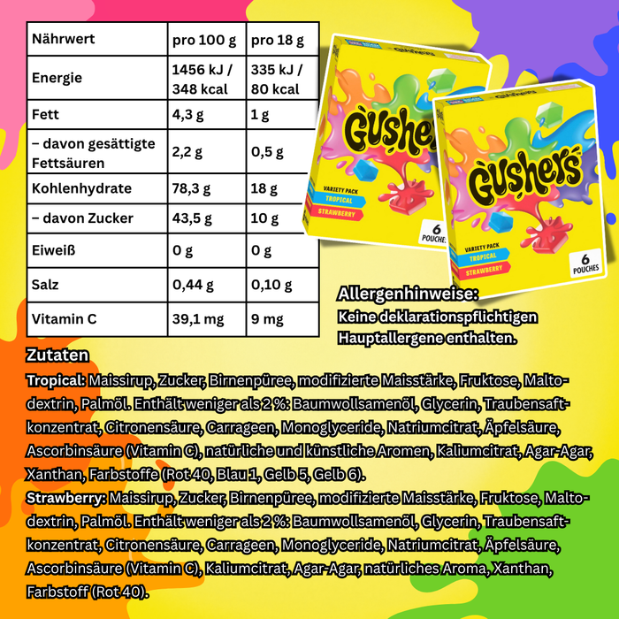 GUSHERS Fruit Flavoured Snacks Variety Pack – Tropical & Strawberry, 6 Beutel, 136 g