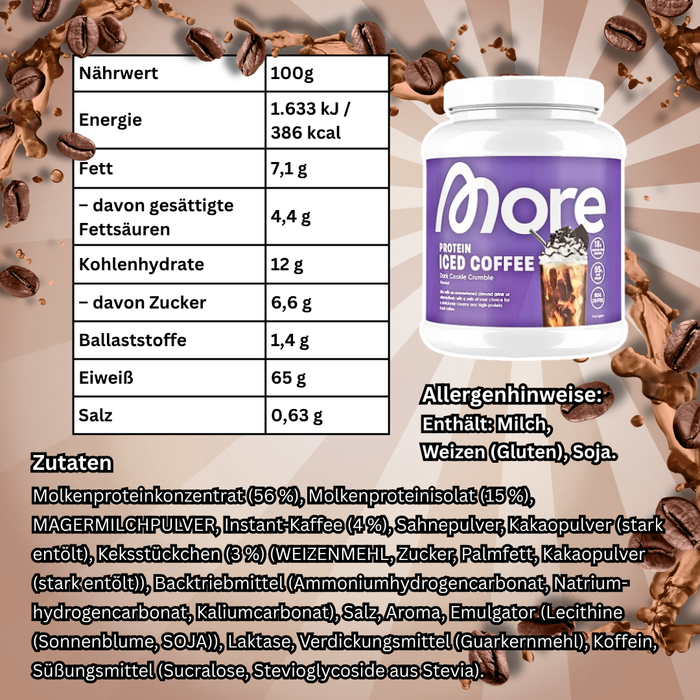MORE Protein Iced Coffee Dark Cookie Crumble Proteinpulver mit Molkenprotein, Instant Kaffee und Keksstückchen 300 g