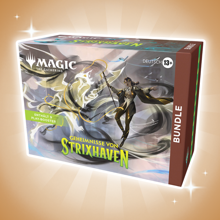 Magic: The Gathering Geheimnisse von Strixhaven Bundle Deutsch – 9 Boosterpacks, Promo Karte, Foil Länder & Zubehör, MTG Box