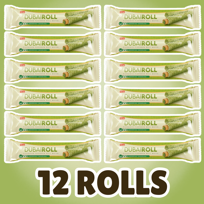 12× Elvan Dubai Roll Pistachio Flavoured Roll Wafer – Knusprige Waffelröllchen mit Pistaziengeschmack, je 18 g (216 g)