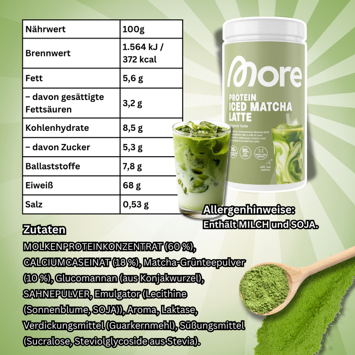 MORE Protein Iced Matcha Latte Original Taste 500 g – Proteinreiches Matcha-Getränkepulver mit Süßungsmitteln