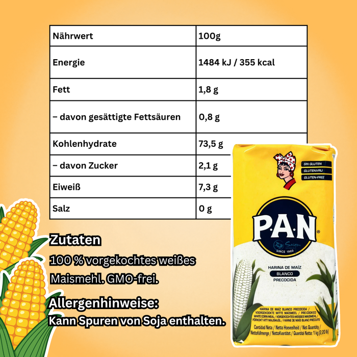 PAN Harina de Maíz Blanco Precocida – Vorgekochtes Weißes Maismehl für Arepas, Tortillas & Empanadas 1 kg