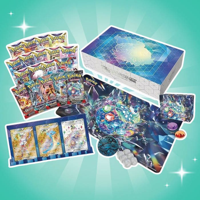 Pokémon Terapagos ex Ultra Premium Kollektion Deutsch – 18 Boosterpacks, 3 Promo Karten, Spielmatte & Zubehör, Scarlet & Violet