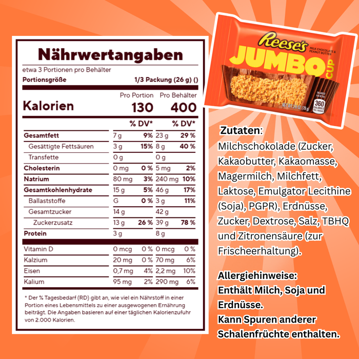 24x Reese’s Jumbo Cup Erdnussbutterbecher – XXL Peanut Butter Cups | 79 g pro Stück