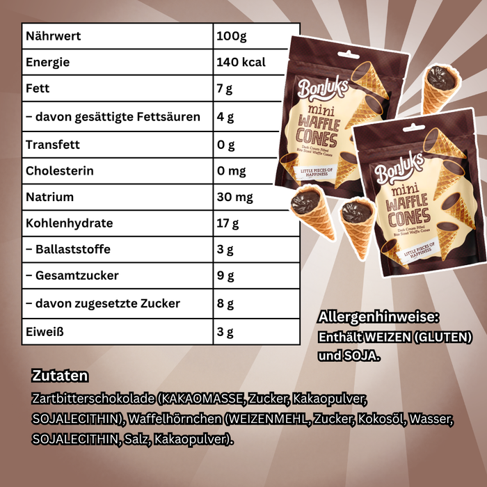 Bonjuks Mini Waffle Cones Dark 50 g – Mini Waffelhörnchen mit Zartbitterschokolade