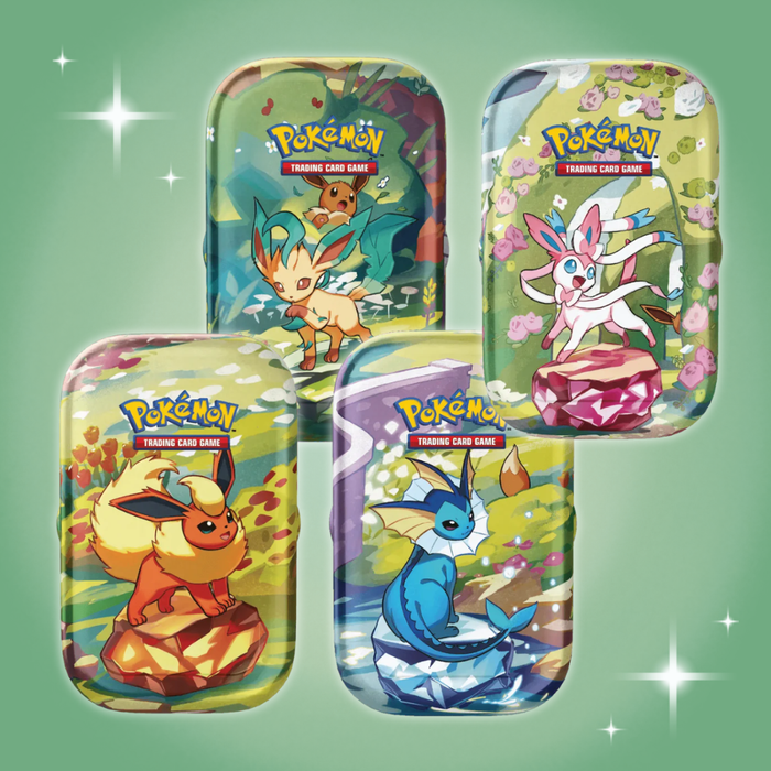 Pokémon – Prismatic Evolutions Mini Tin | 1 zufällige Version von 8 | 2 Boosterpacks | Eevee-Münze