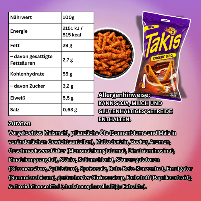 1x Takis Smokin’ BBQ Gerollte Maischips mit BBQ-Geschmack 100g