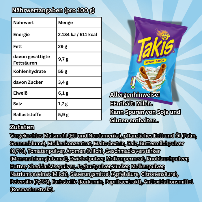 1x Takis Buckin’ Ranch 100 g – Würzige Maissnacks mit Ranch-Geschmack