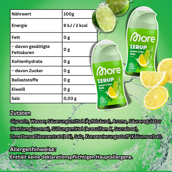 2× MORE Zerup Zero Sirup Lemon Lime Soda Getränkesirup ohne Zucker mit Limettensaftkonzentrat | 2 × 65 ml