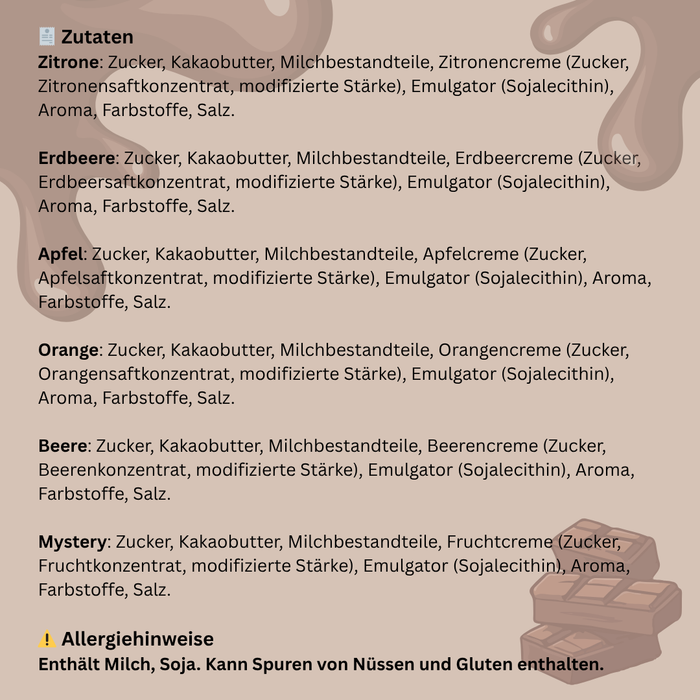 6x Cocolabu mit Fruchtfüllungen: Zitrone, Erdbeere, Apfel, Orange, Beere & Mystery Flavor – 6x100g – Cremig & Fruchtig