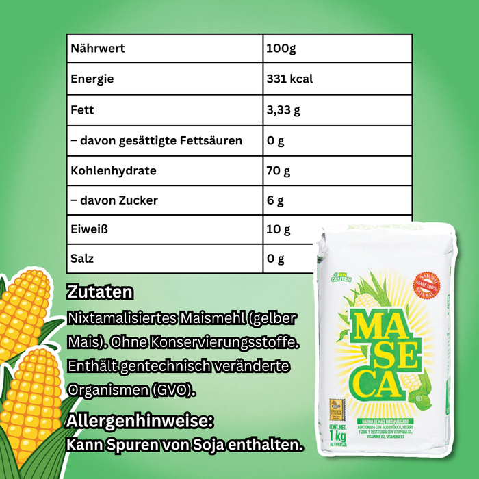 10x MASECA Nixtamalisiertes Maismehl aus Gelbem Mais 1 kg – Ideal für Tortillas, Arepas & Mexikanische Spezialitäten | 10 × 1 kg