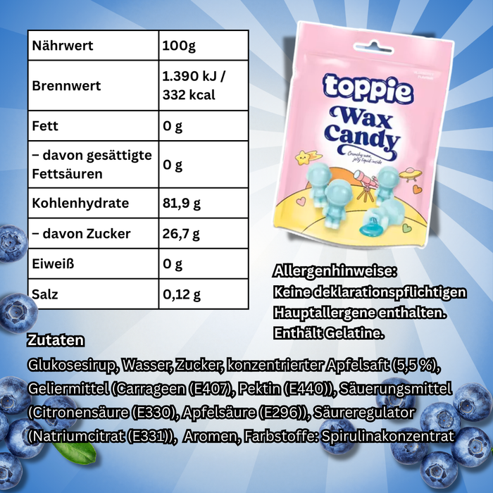 1x Toppie Wax Candy 40 g – Flüssige Süßigkeit in Wachshülle (Blueberry, Strawberry oder Green Apple) – Zufällige Sorte