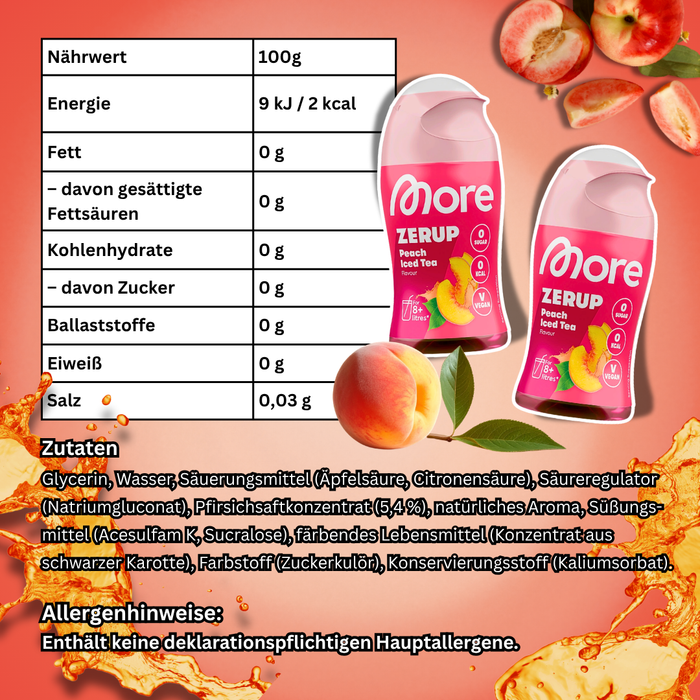 2× MORE Zerup Zero Sirup Peach Iced Tea Getränkesirup ohne Zucker mit Pfirsichsaftkonzentrat | 2 × 65 ml