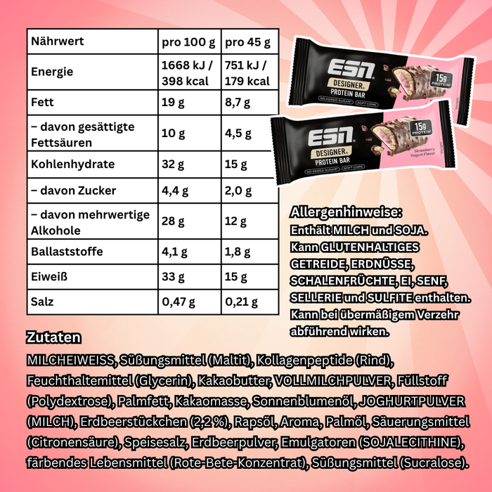 12×ESN Designer Protein Bar Strawberry Yogurt 45 g – Proteinriegel mit Erdbeer-Joghurt-Füllung (540 g)